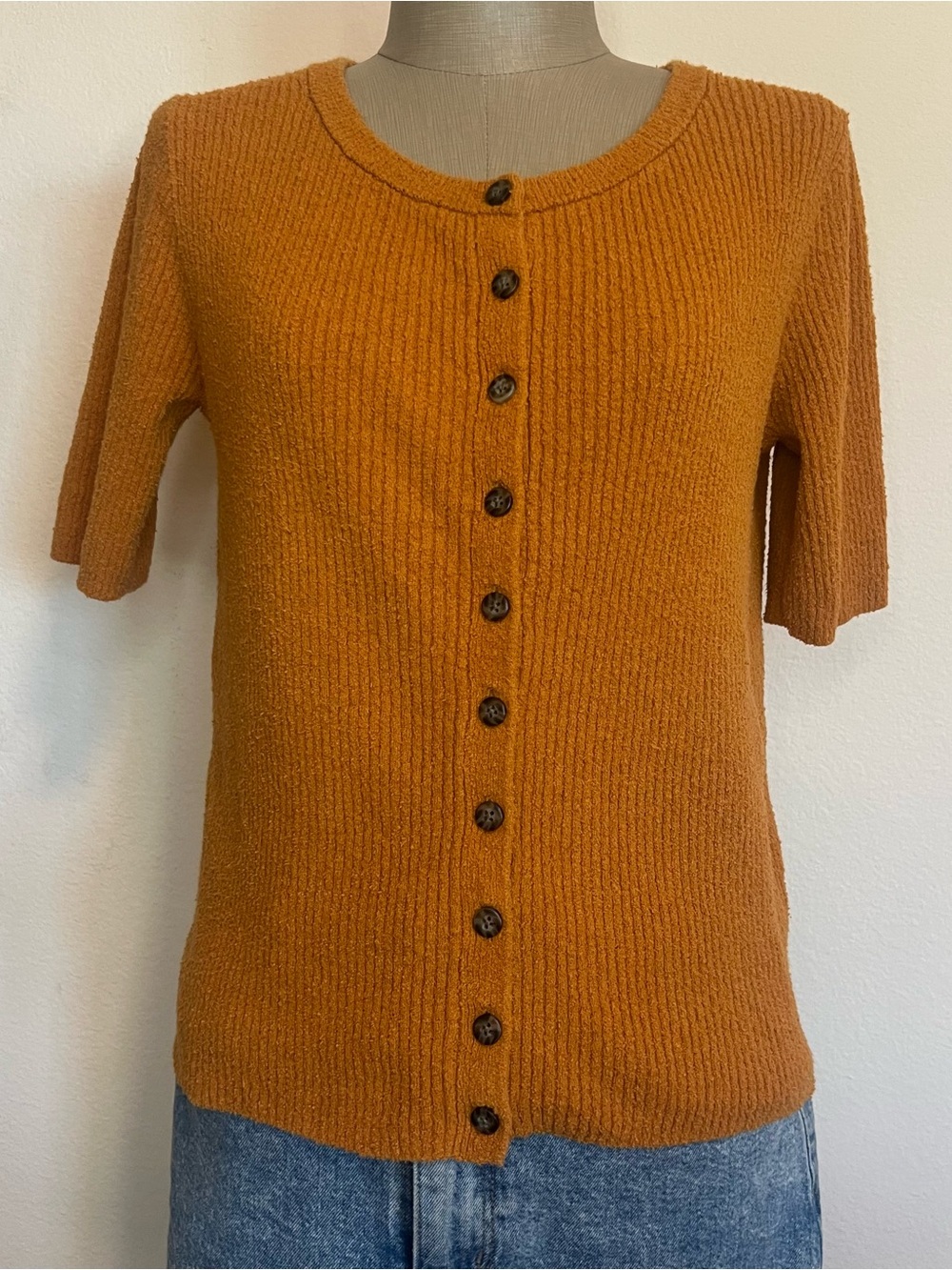 Madewell Short-Sleeve Button-Front Sweater in Rust